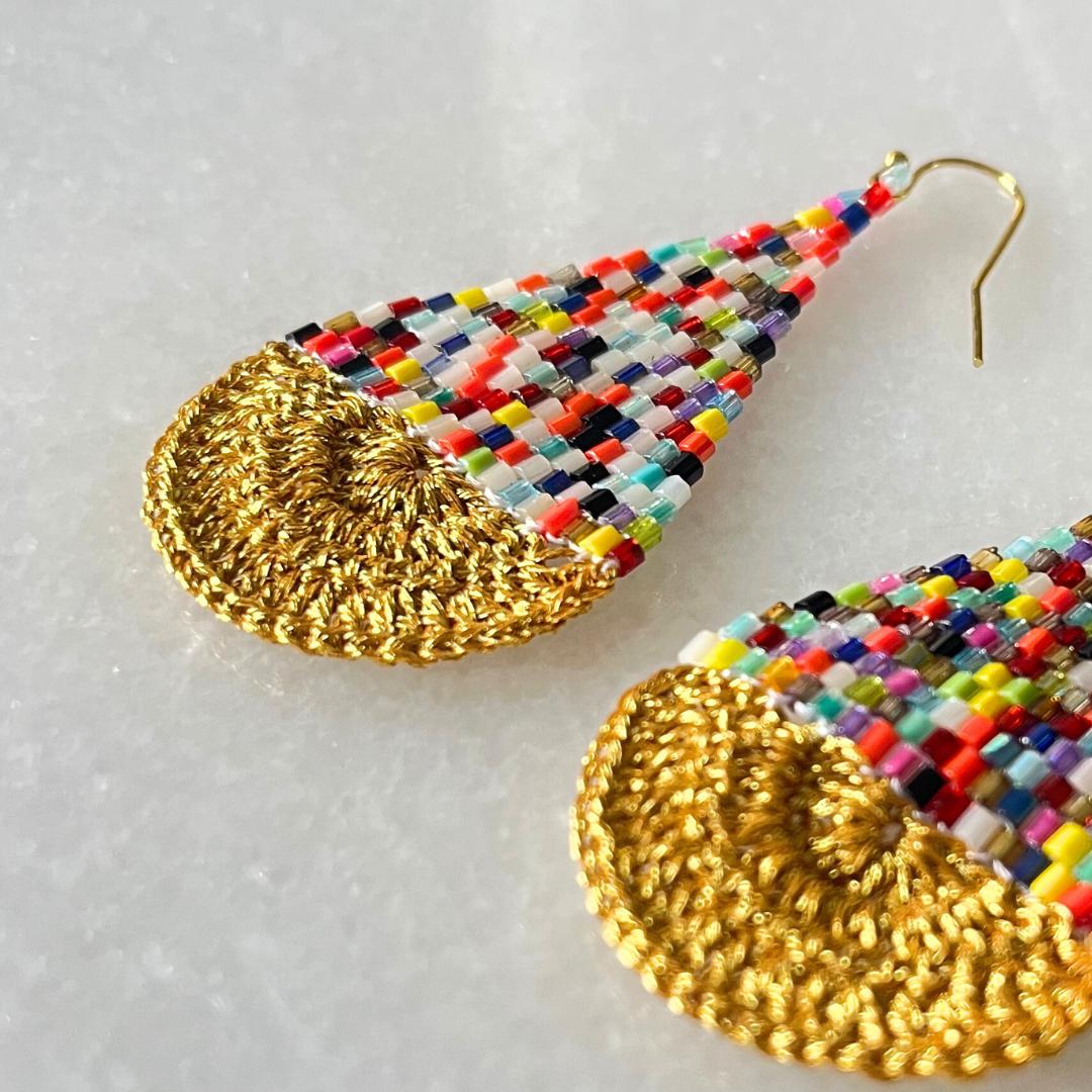 Rainbow Seed Bead Teardrop Earrings: Gold Crochet Boho Dangles