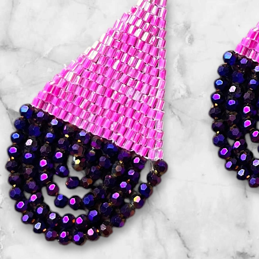 Pink & Purple Beaded Teardrop Earrings: Handwoven Peacock Shimmer Dangles - jewelry gifts