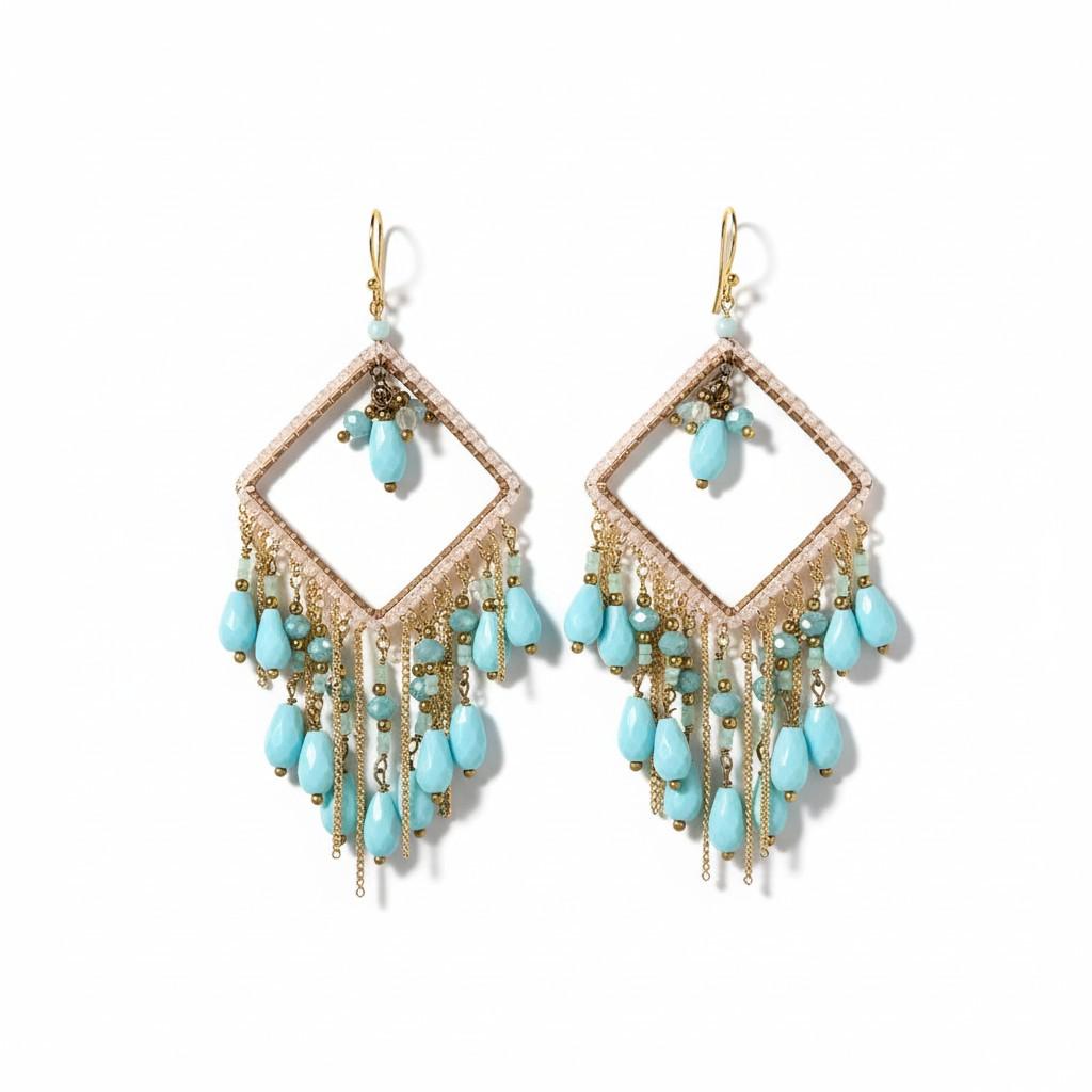 Boho Turquoise & Gold Beaded Chandelier Earrings | Handmade Dangle Jewelry | Festival Summer Gifts for Her