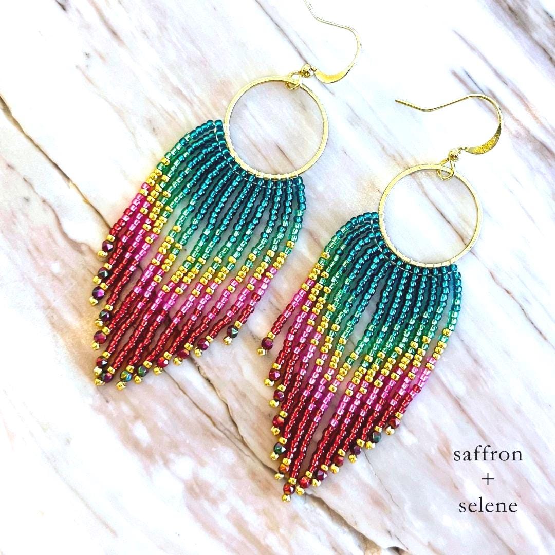 Beaded Fringe Statement Earrings: Rainbow Ombre Boho Jewelry Gifts