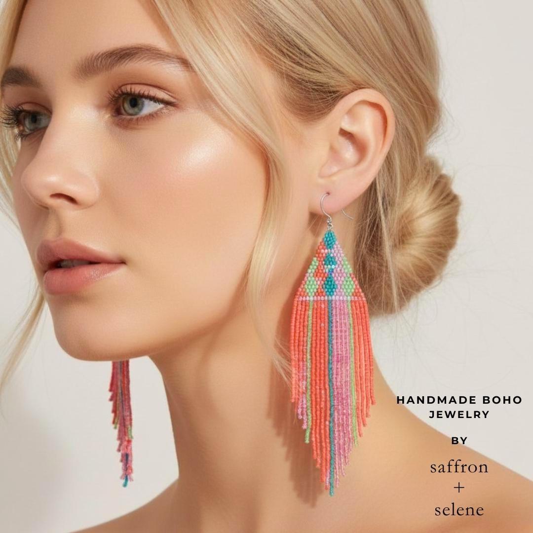Turquoise Coral Fringe Earrings, Boho Beaded Statement Jewelry, Long Drop Earrings