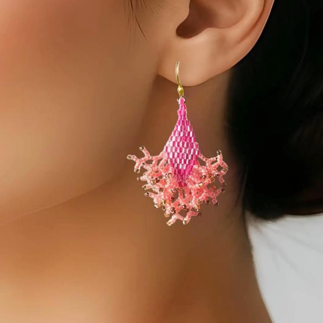 Iridescent Seed Bead Dangle Earrings: Pink Apricot & Gold Jewelry gifts for her