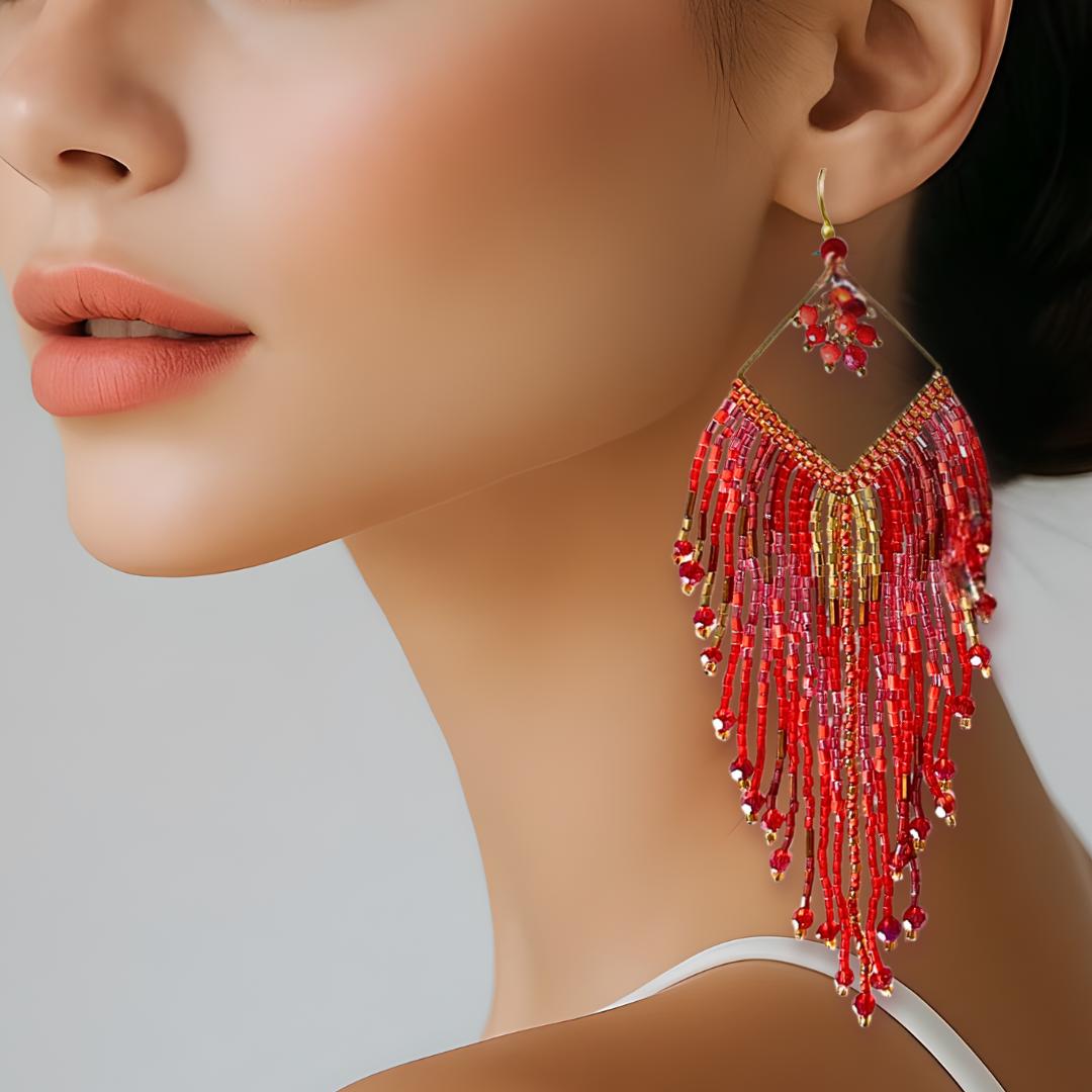 Boho Statement Earrings Beaded Fringe Handmade Long Drop Dangle Jewelry Gift for Her