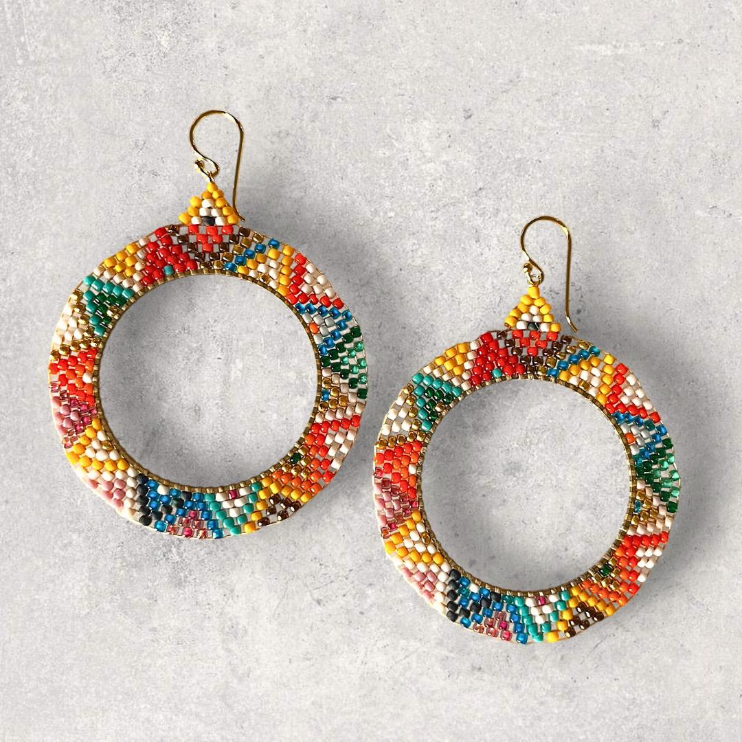 Beaded Hoop Earrings: Aztec Rainbow Miyuki Beads, Gold Accents - Jewelry gifts for her