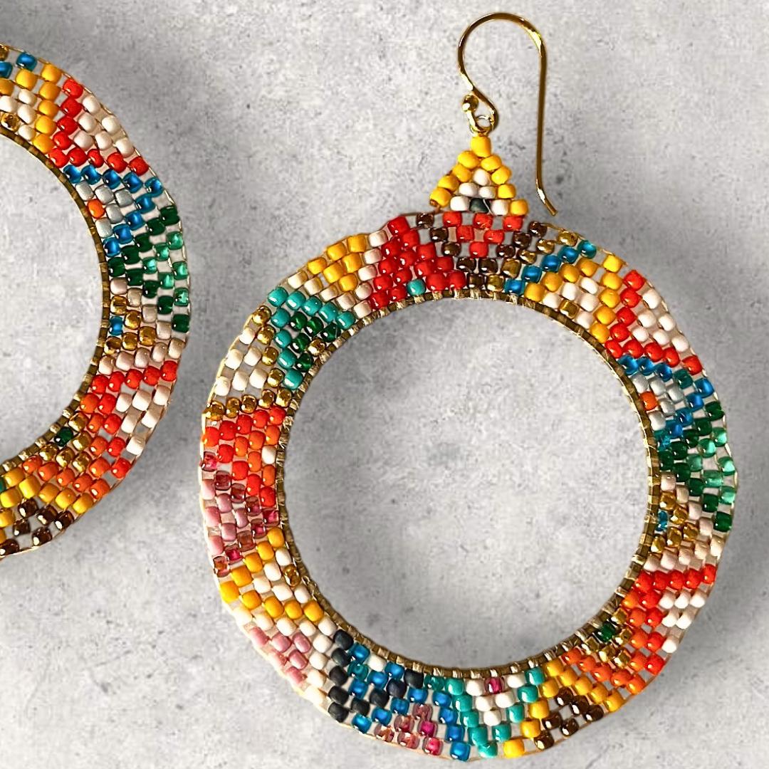 Beaded Hoop Earrings: Aztec Rainbow Miyuki Beads, Gold Accents - Jewelry gifts for her
