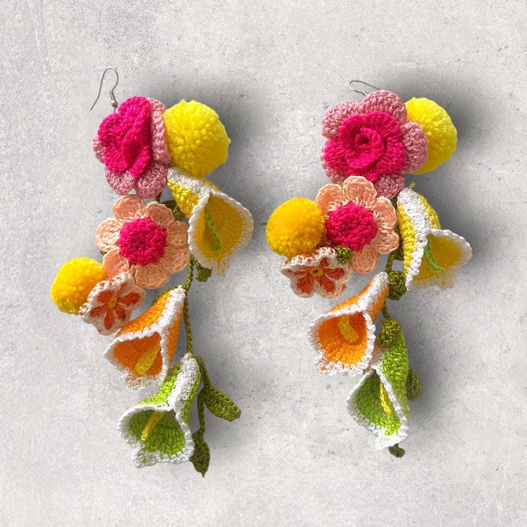Crochet Flower Dangle Earrings: Handmade Boho Floral Statement Jewelry gifts for her