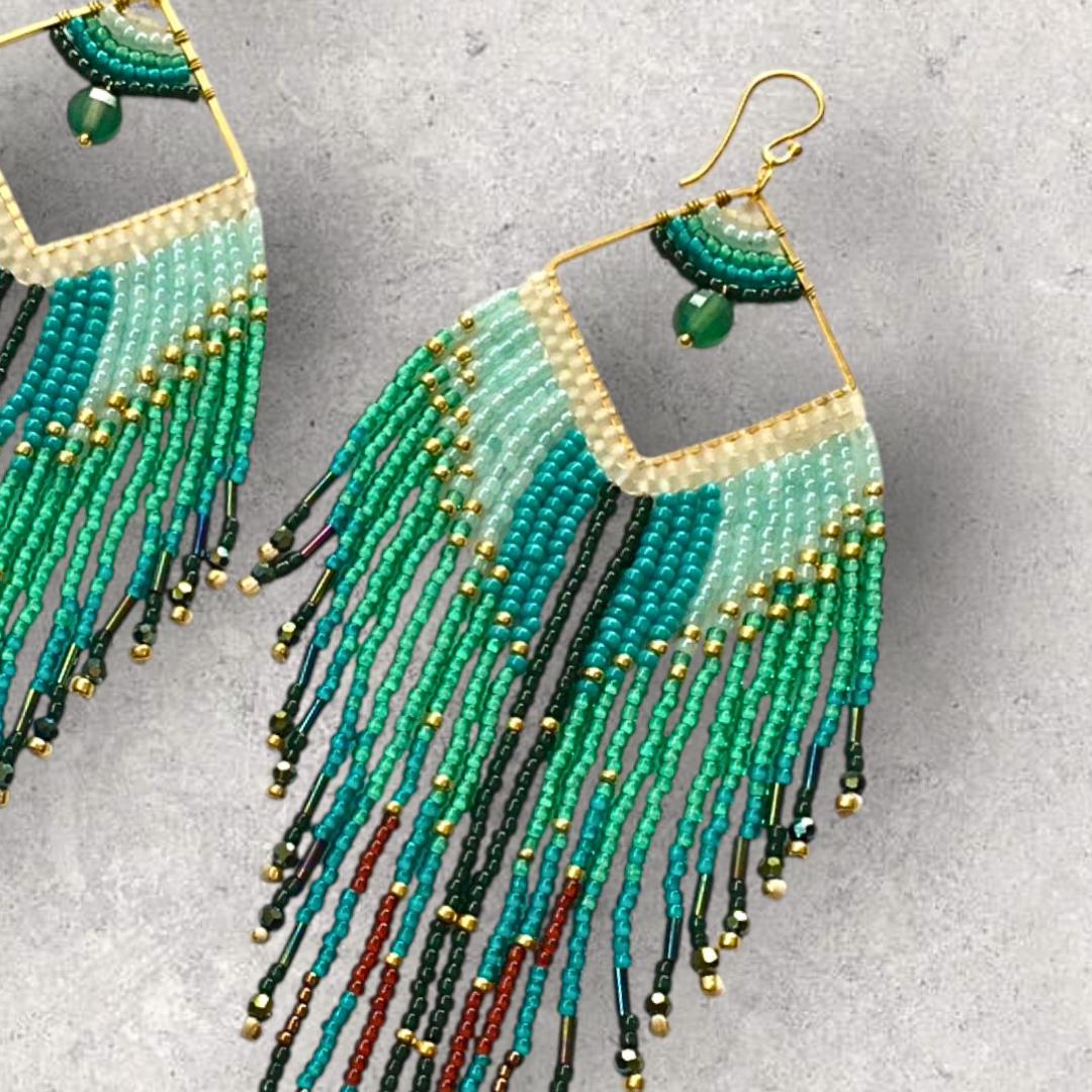 Peacock Feather Earrings Green Fringe Statement Beaded Dangle Gift for Her