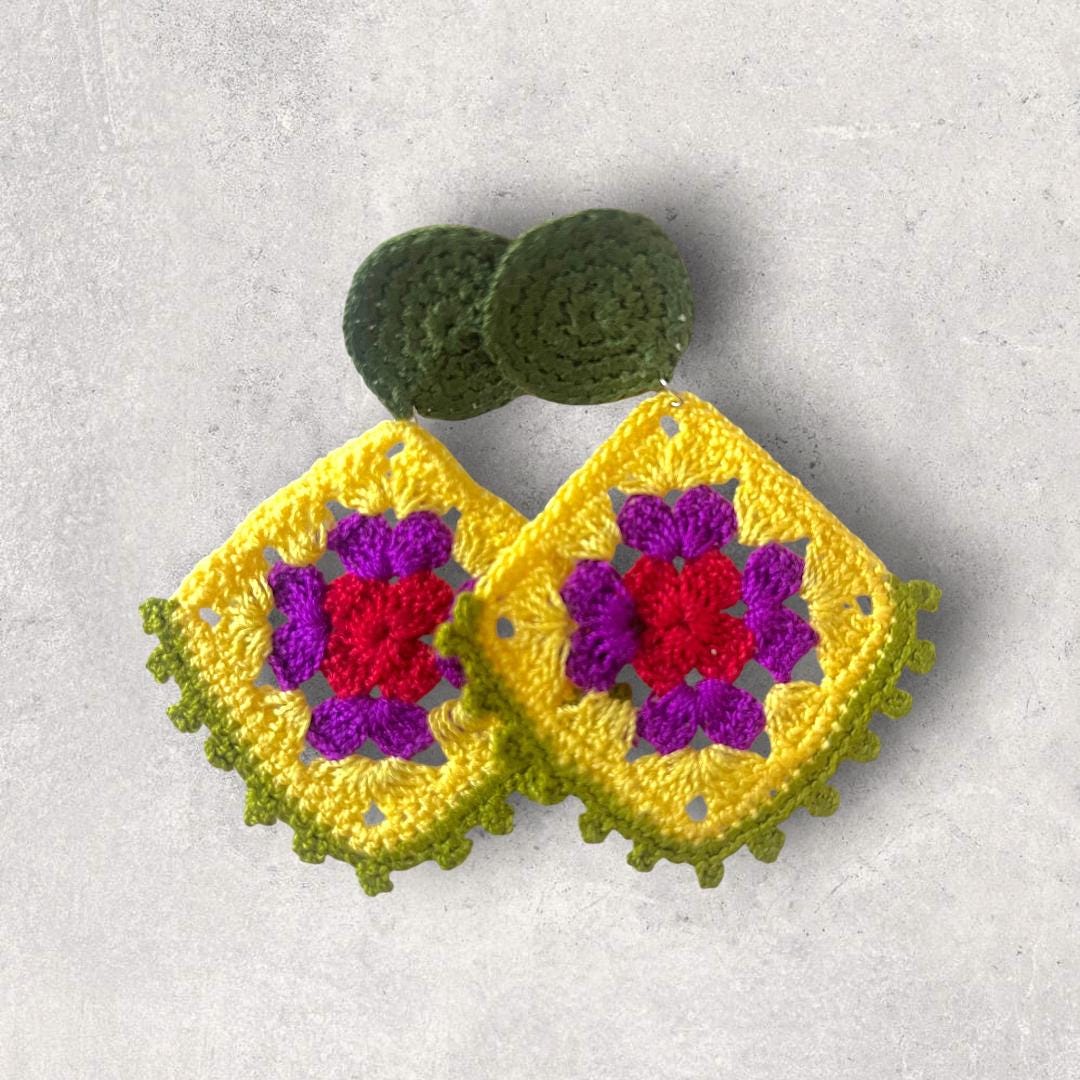 Granny Square Crochet Earrings: Boho Festival Statement Dangles - Jewelry gift for her
