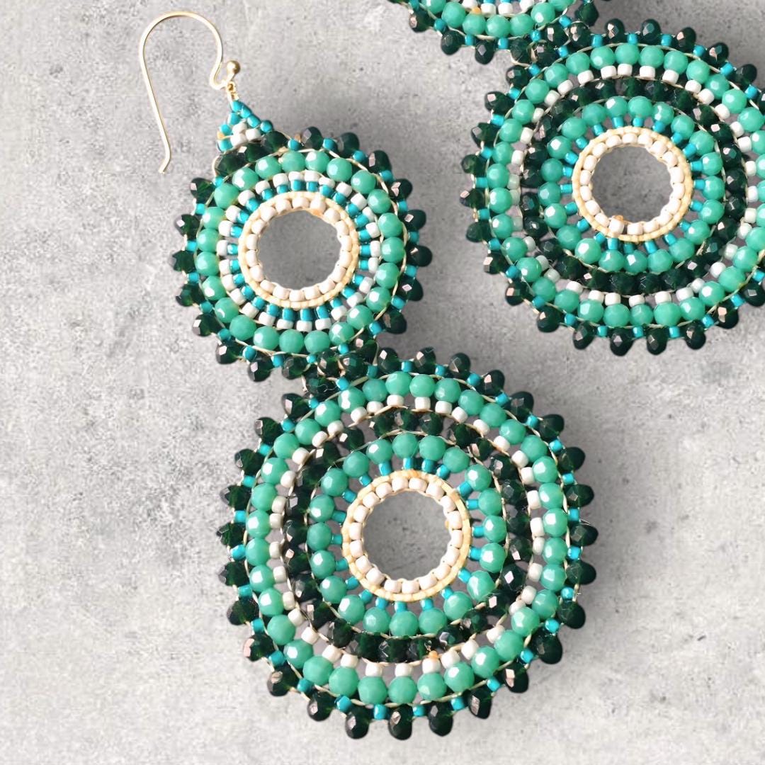 Turquoise Beaded Hoop Earrings Boho Statement Handmade Dangle Gift for Her