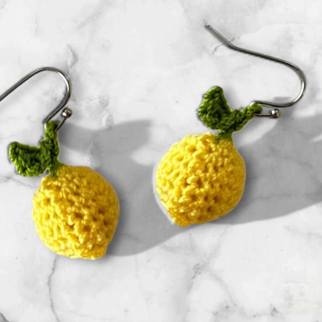 Crochet Lemon Earrings: Handmade Yellow & Green Fruit Dangles - jewelry gift for her