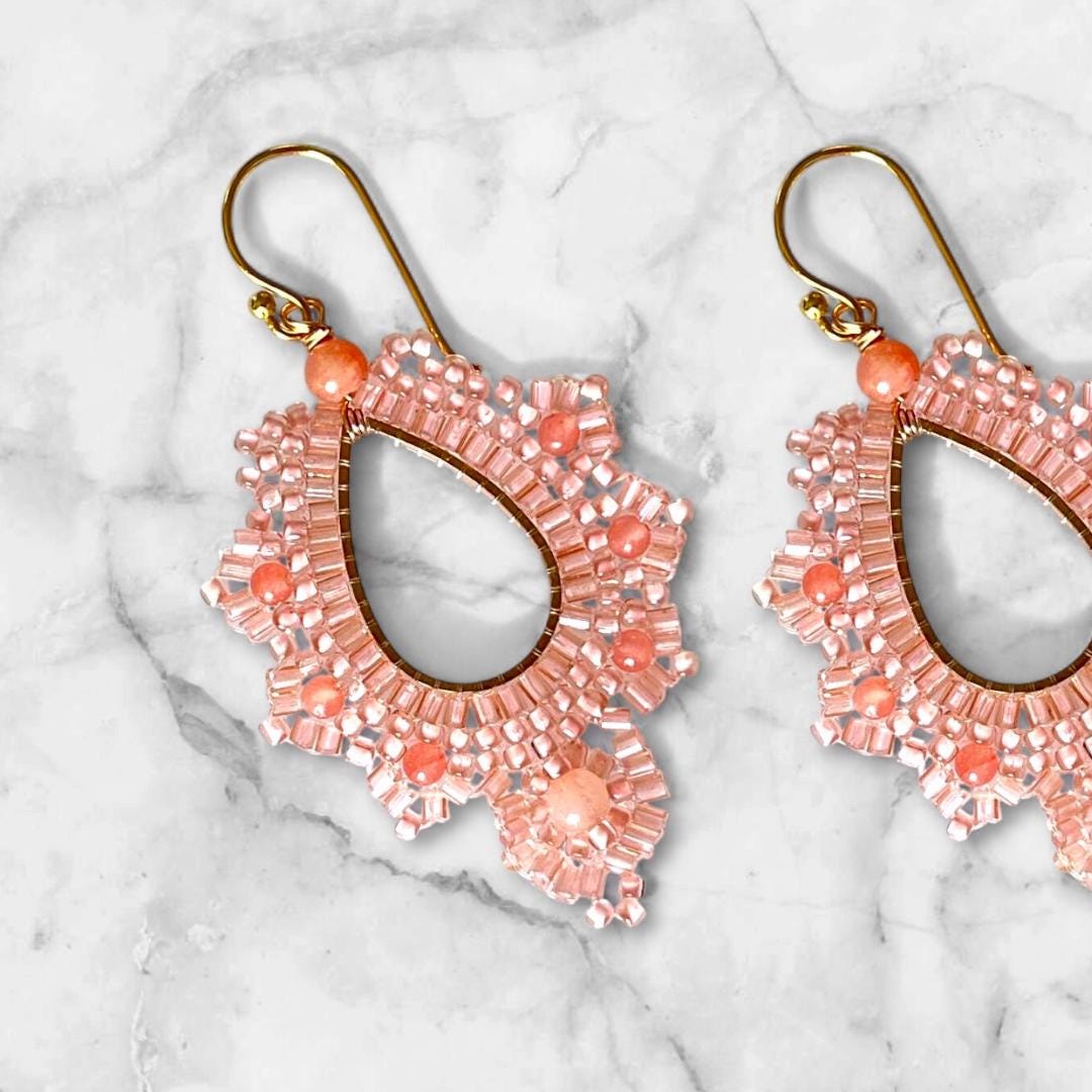 Apricot Beaded Earrings: Boho Filigree Dangles, 9K Gold Plated jewelry gifts for her