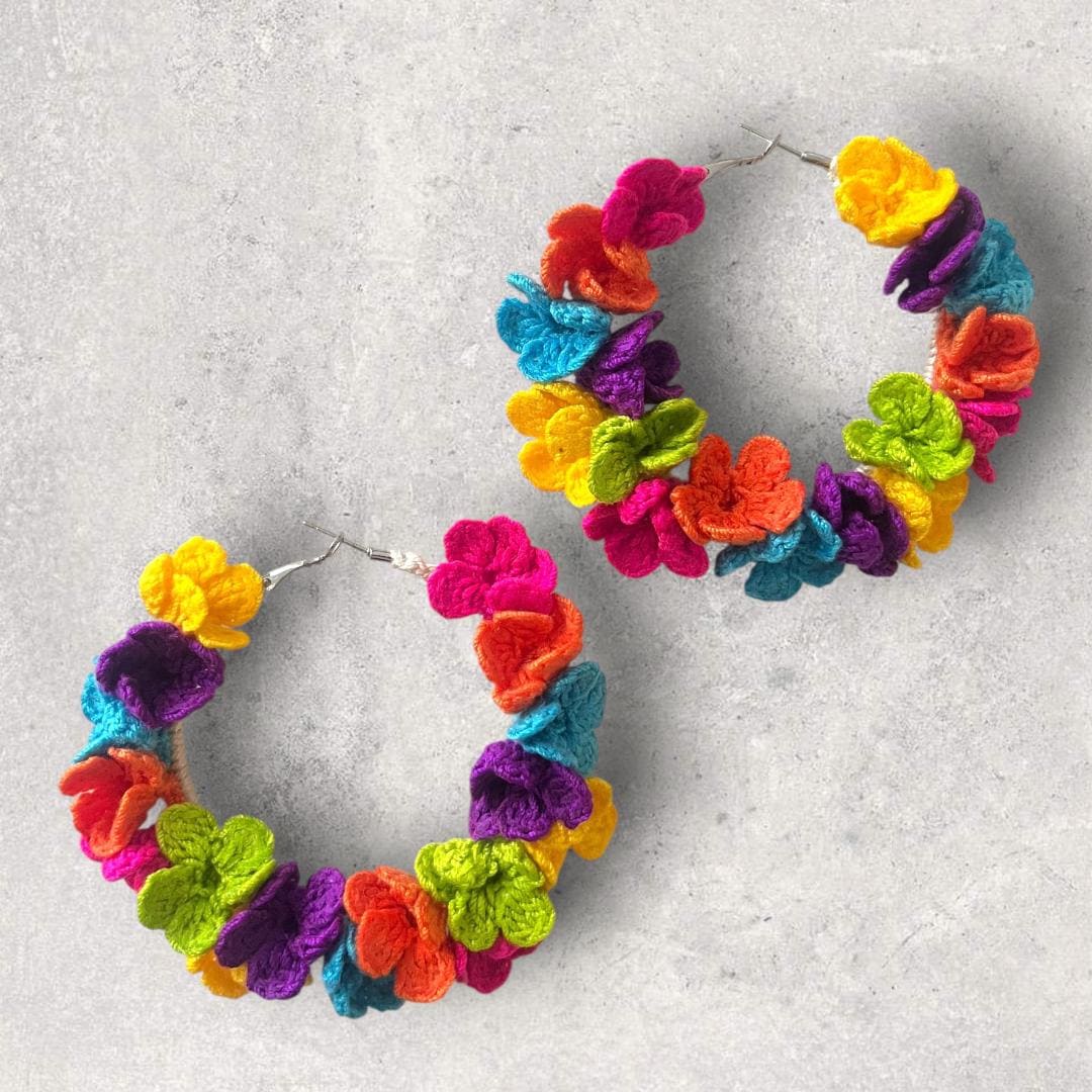 Rainbow Crochet Flower Hoop Earrings: Boho Festival Jewelry gifts for her
