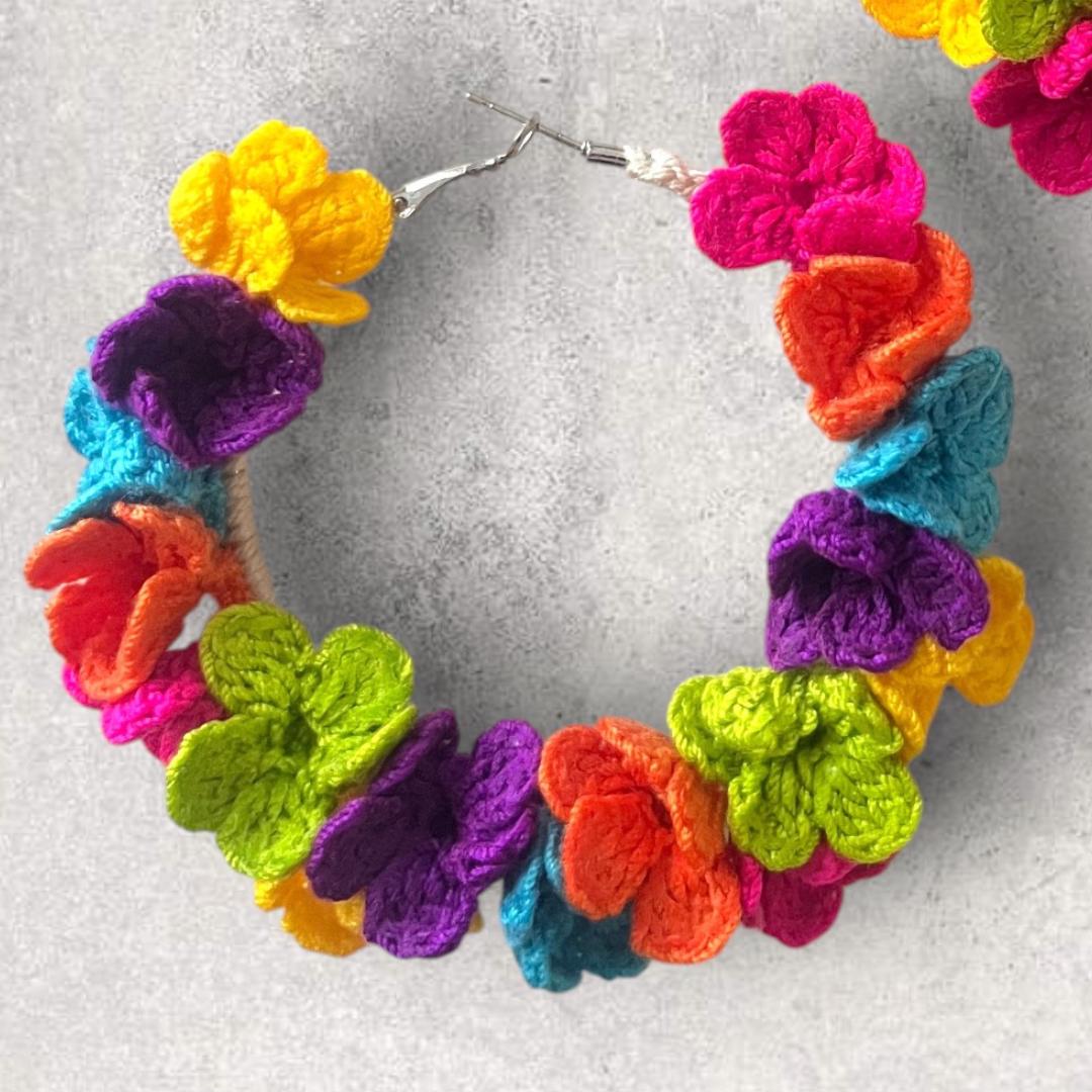 Rainbow Crochet Flower Hoop Earrings: Boho Festival Jewelry gifts for her