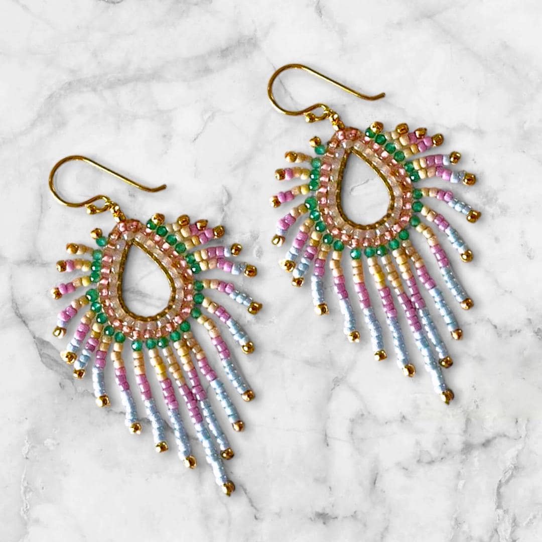 Pastel Seed Bead Fringe Earrings: Teardrop Boho Dangle Jewelry gifts for her