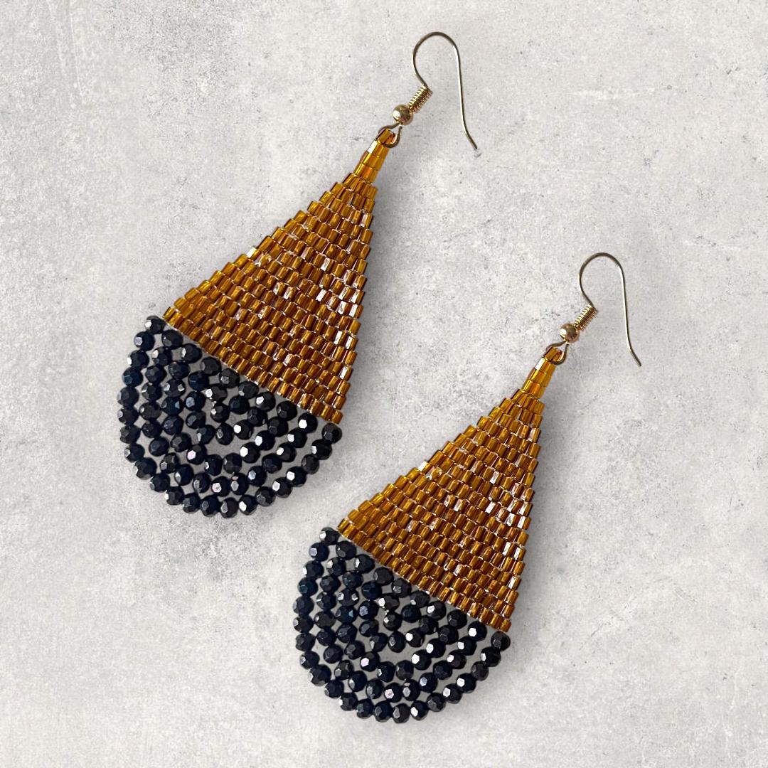 Gold & Black Seed Bead Teardrop Earrings: Handwoven Boho Dangles - Jewelry gift for her