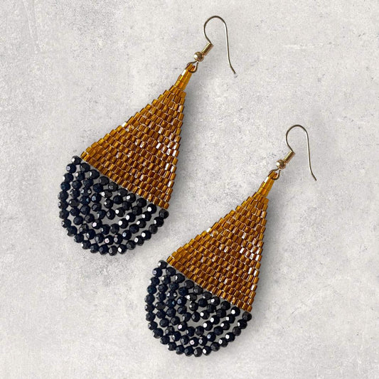 Gold & Black Seed Bead Teardrop Earrings: Handwoven Boho Dangles - Jewelry gift for her