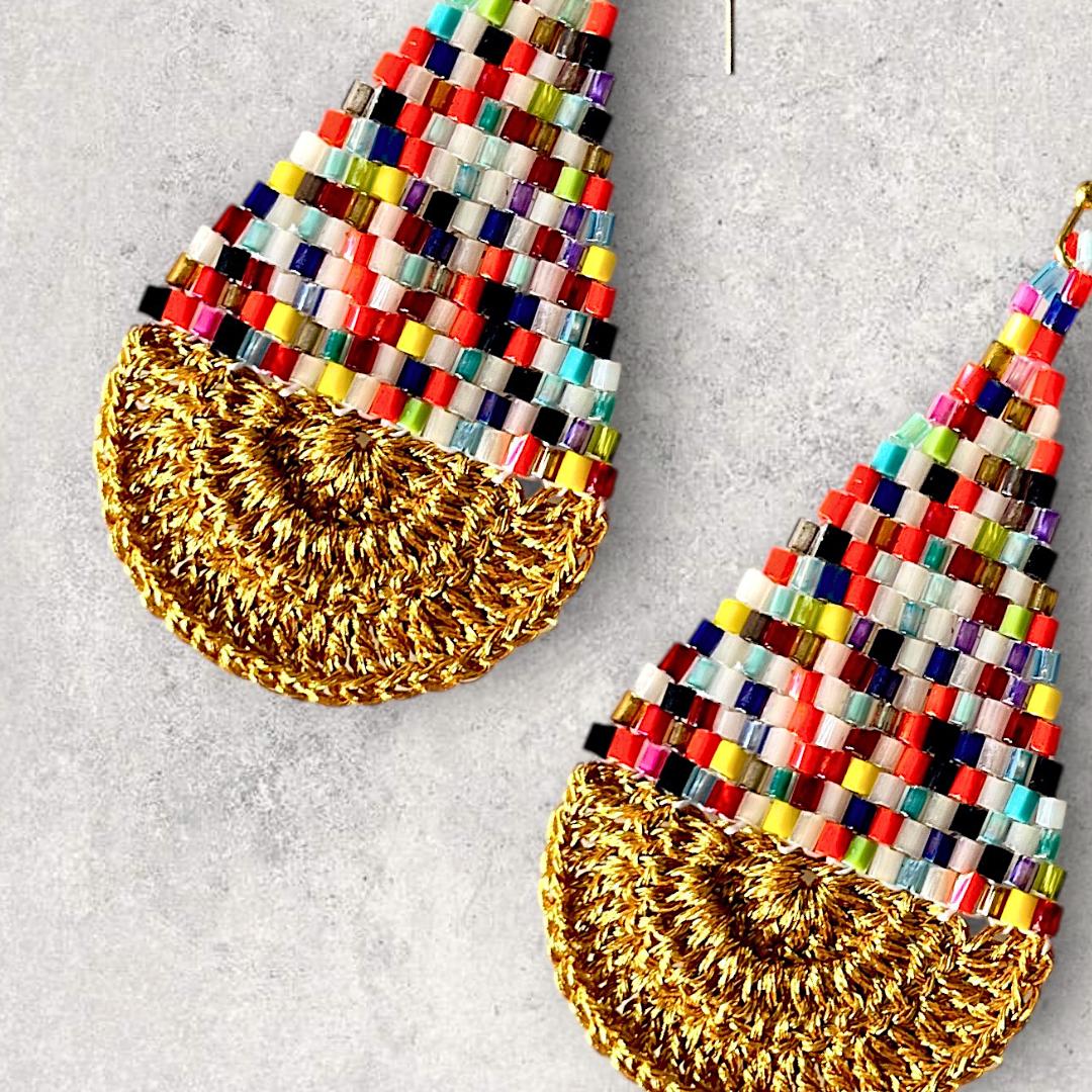 Rainbow Seed Bead Teardrop Earrings: Gold Crochet Boho Dangles