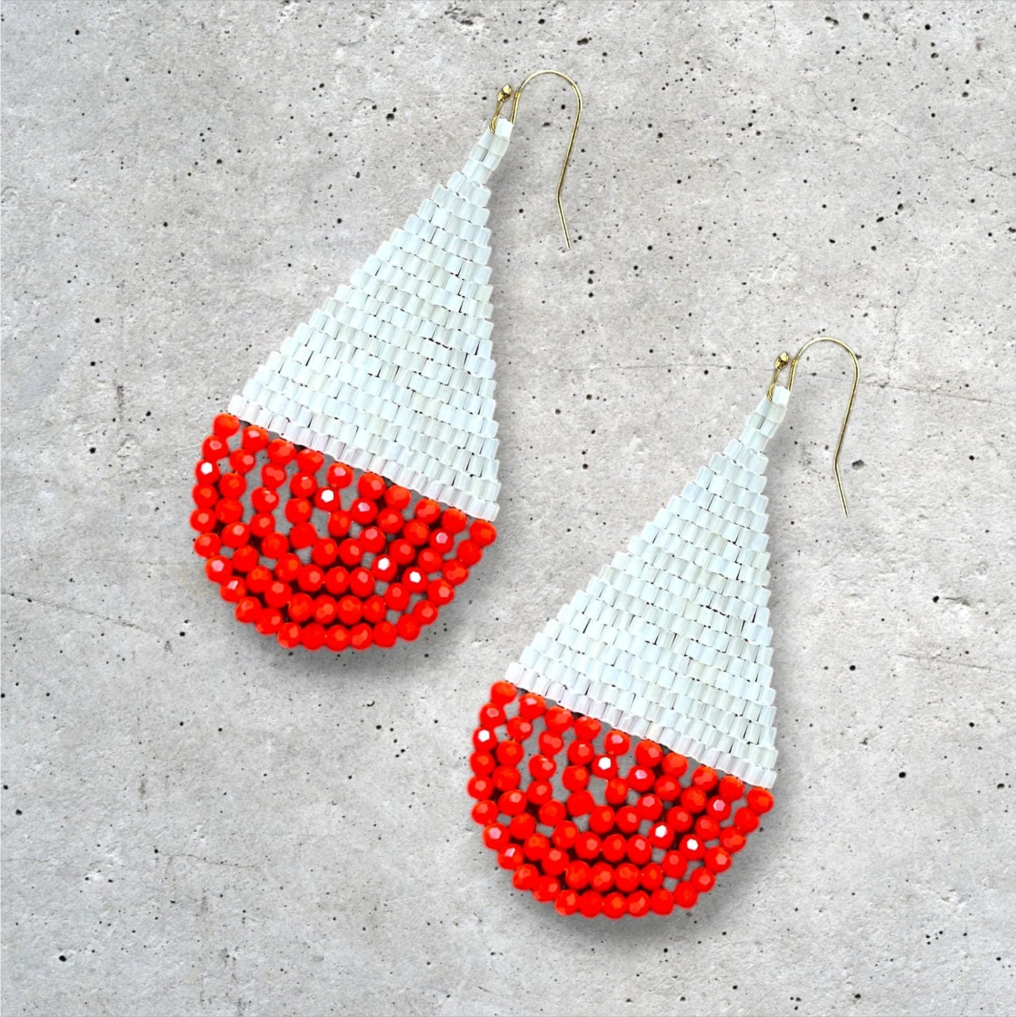 Coral & White Beaded Teardrop Earrings: Handwoven Japanese Seed Beads - jewelry gifts