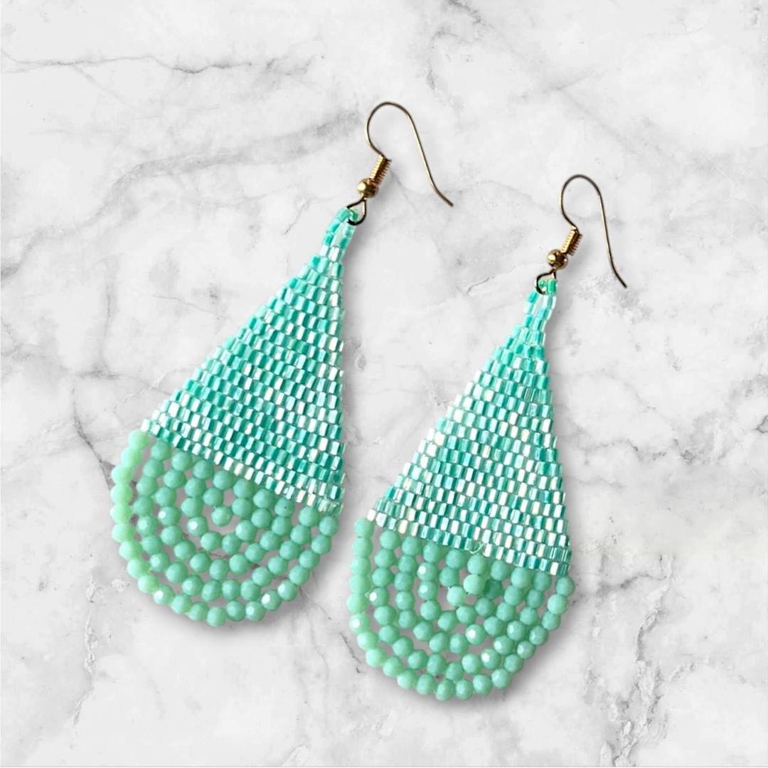 Turquoise Beaded Teardrop Earrings: Handwoven Boho Dangles - jewelry gift for her