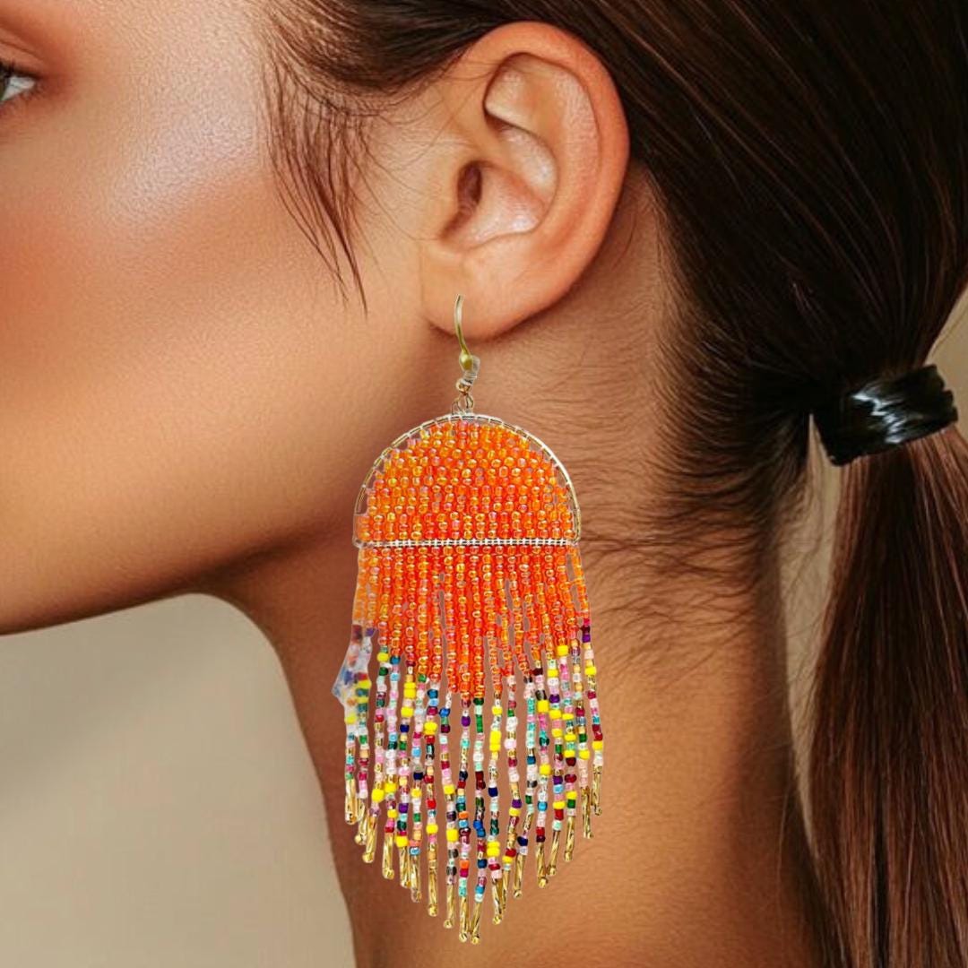Orange Seed Bead Fringe Earrings: Boho Gold Accent Statement Jewelry Gifts for her