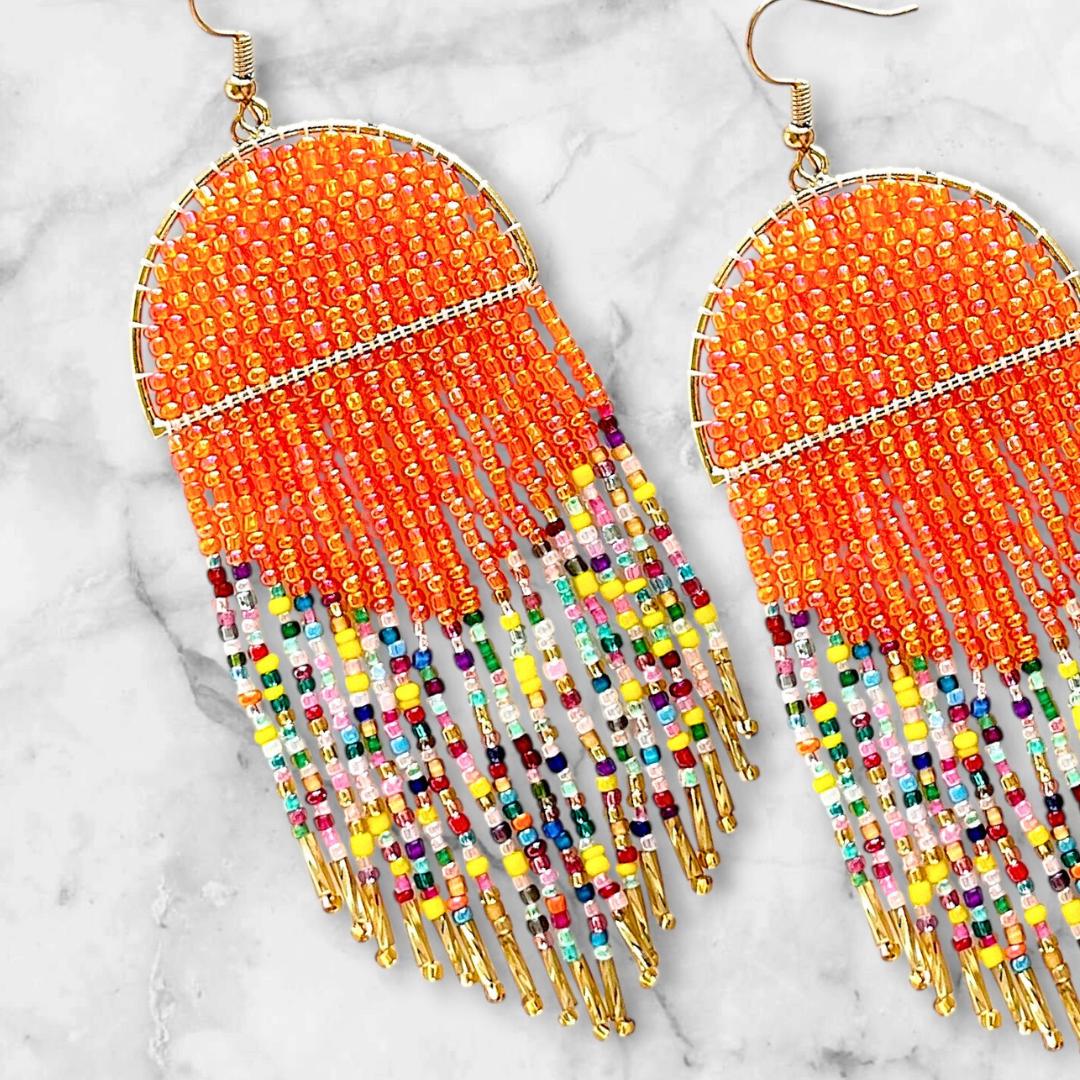 Orange Seed Bead Fringe Earrings: Boho Gold Accent Statement Jewelry Gifts for her