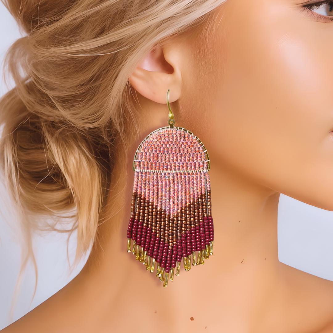Handwoven Seed Bead Fringe Earrings – Boho Festival Statement Jewelry