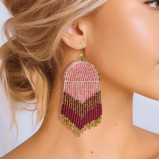 Handwoven Seed Bead Fringe Earrings – Boho Festival Statement Jewelry