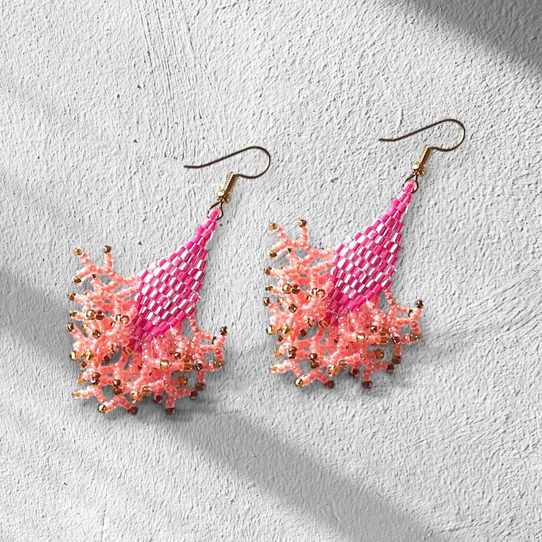 Iridescent Seed Bead Dangle Earrings: Pink Apricot & Gold Jewelry gifts for her
