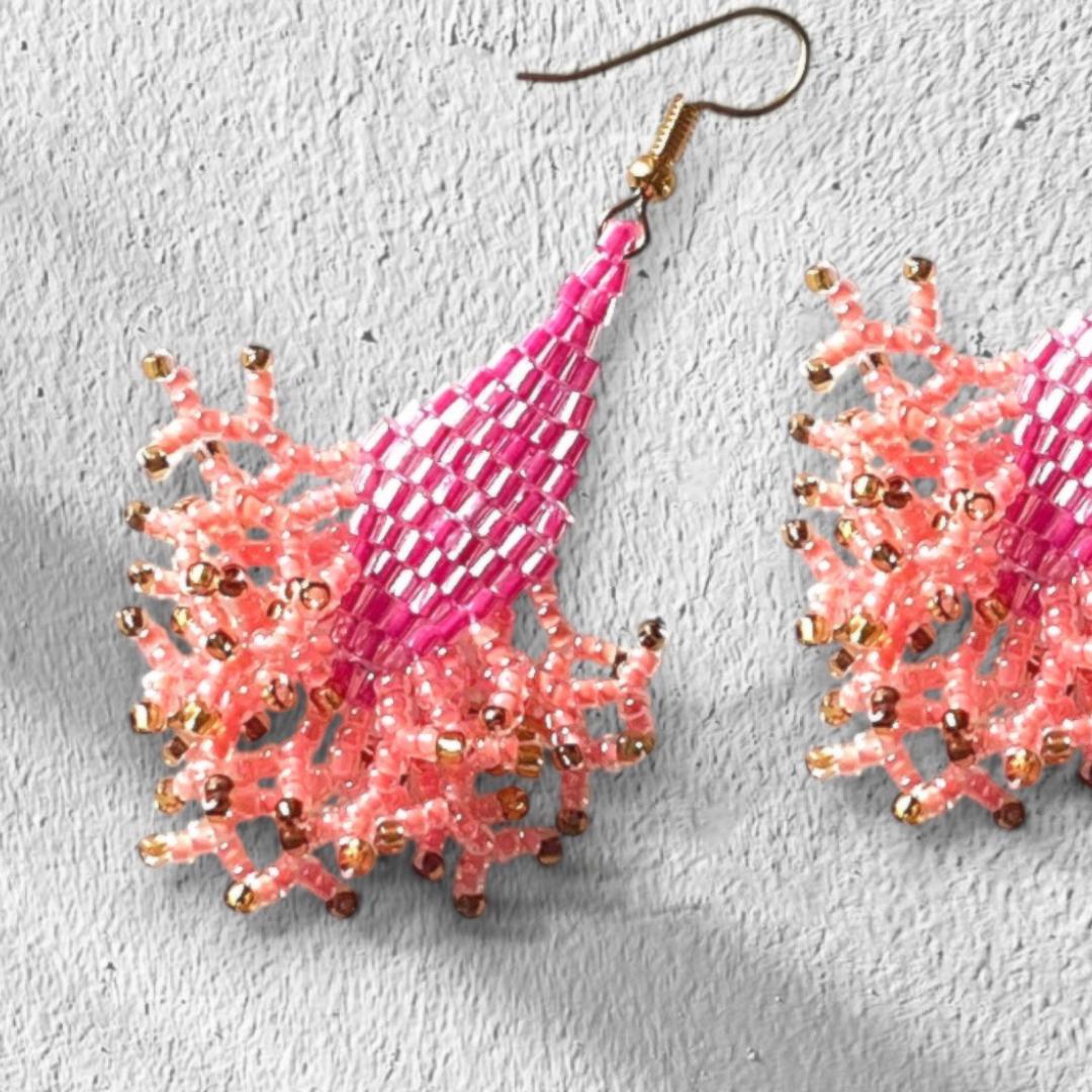Iridescent Seed Bead Dangle Earrings: Pink Apricot & Gold Jewelry gifts for her