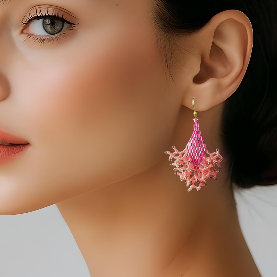 Iridescent Seed Bead Dangle Earrings: Pink Apricot & Gold Jewelry gifts for her