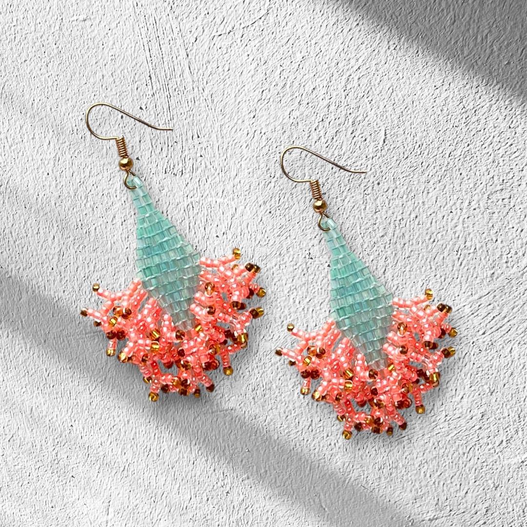 Turquoise Apricot Seed Bead Earrings: Iridescent Gold Dangle Jewelry gifts for her