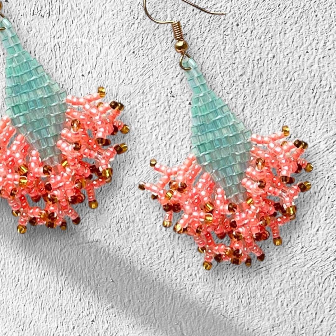 Turquoise Apricot Seed Bead Earrings: Iridescent Gold Dangle Jewelry gifts for her