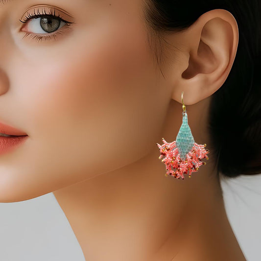 Turquoise Apricot Seed Bead Earrings: Iridescent Gold Dangle Jewelry gifts for her