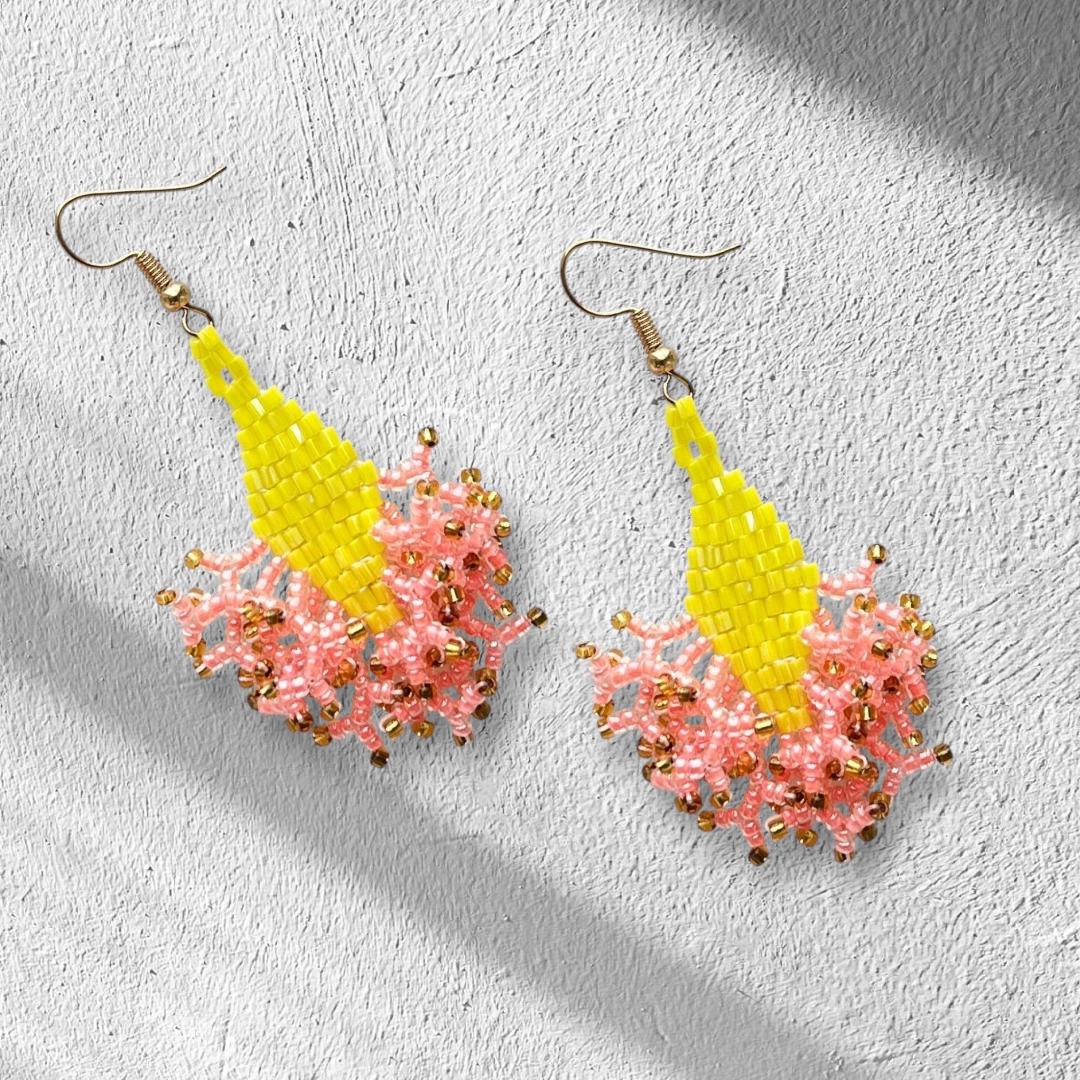 Iridescent Seed Bead Dangle Earrings: Yellow Apricot, Gold Highlights - jewelry gifts for her