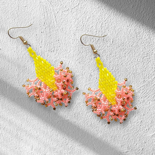 Iridescent Seed Bead Dangle Earrings: Yellow Apricot, Gold Highlights - jewelry gifts for her