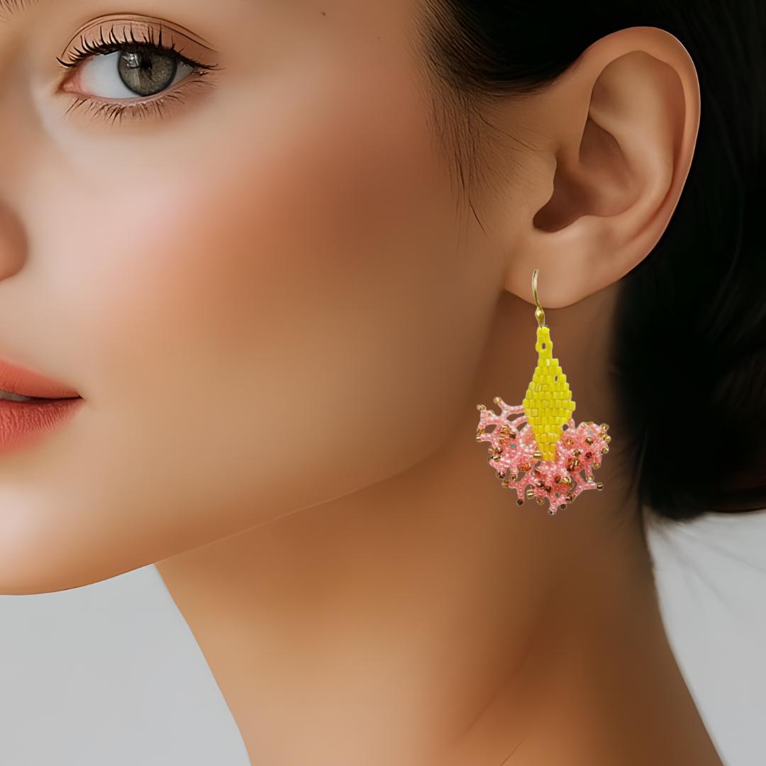 Iridescent Seed Bead Dangle Earrings: Yellow Apricot, Gold Highlights - jewelry gifts for her