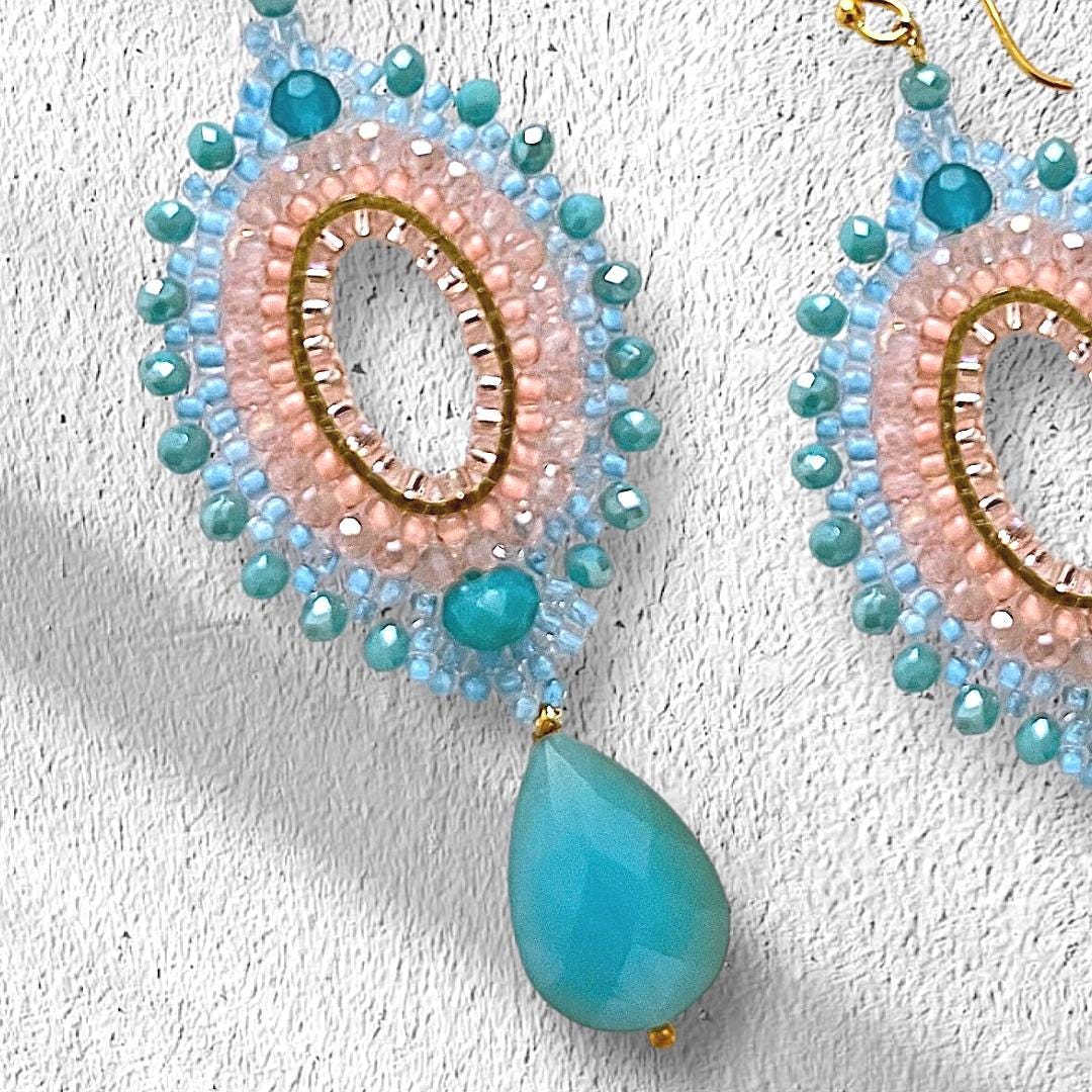 Turquoise Teardrop Seed Bead Earrings: Pink Crystal Boho Jewelry gifts for her