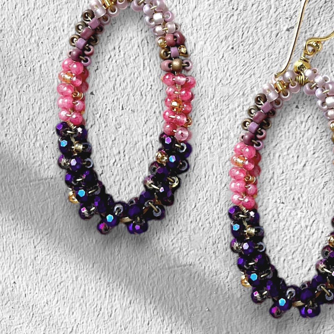 Pink Jade & Purple Ombre Seed Bead Earrings: Handmade precious stone - jewelry gifts for her