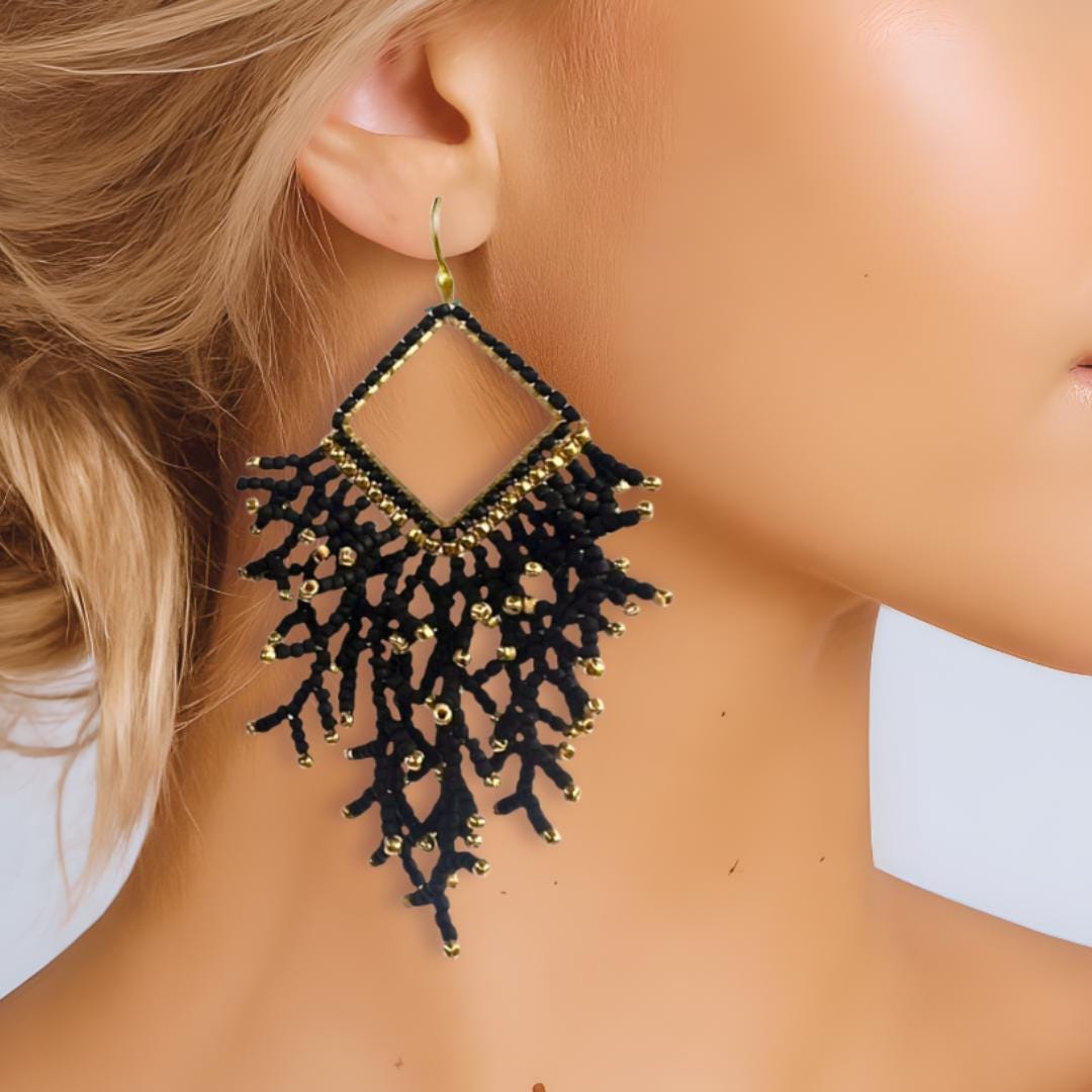 Black Beaded Dangle Earrings: Japanese Glass seed beads, jewelry gifts for her