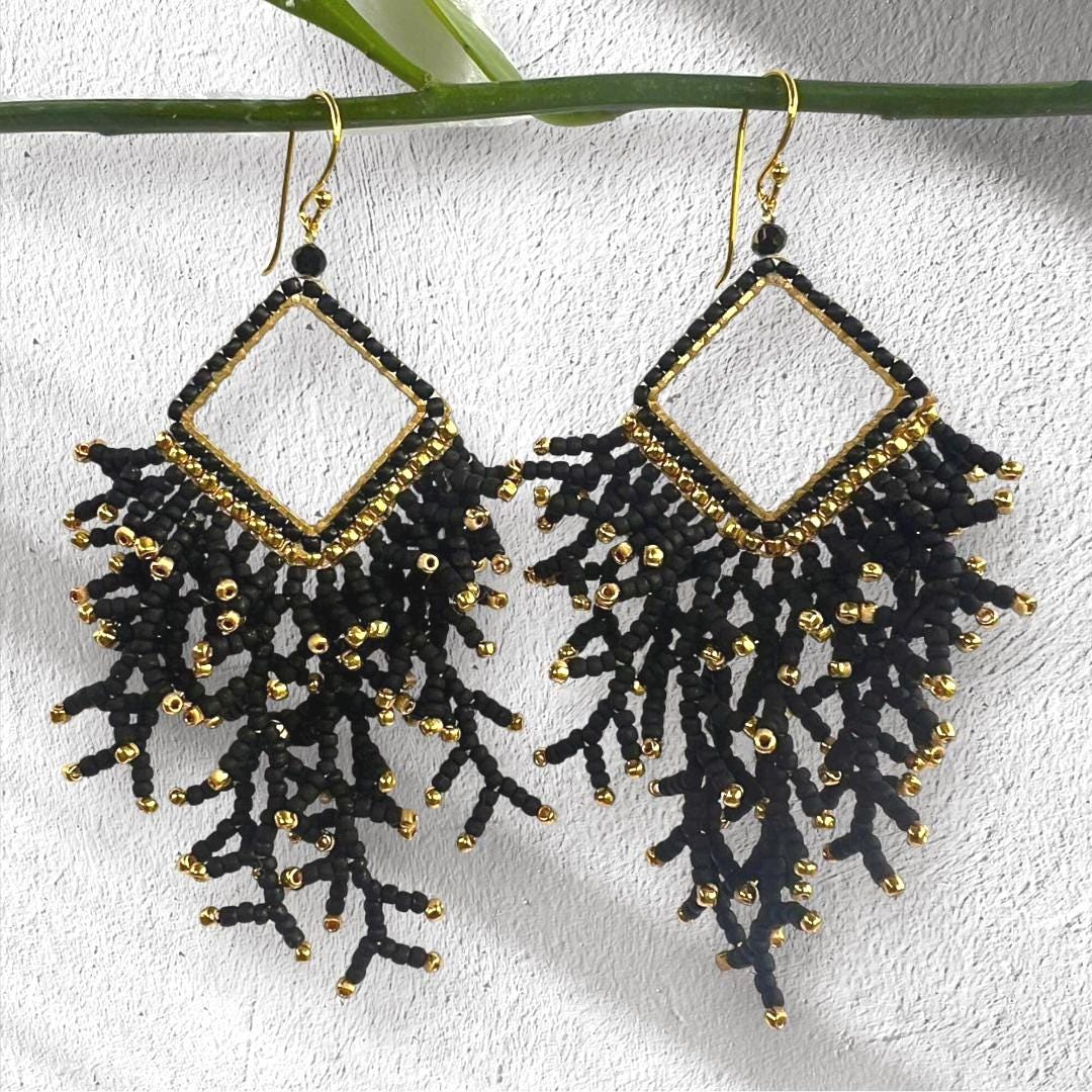 Black Beaded Dangle Earrings: Japanese Glass seed beads, jewelry gifts for her