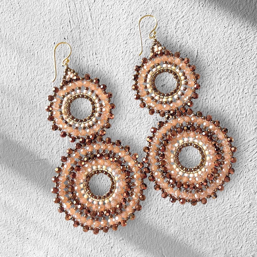 Beaded Crystal Statement Earrings | Handmade Boho Jewelry gifts for her in Bronze and Blush