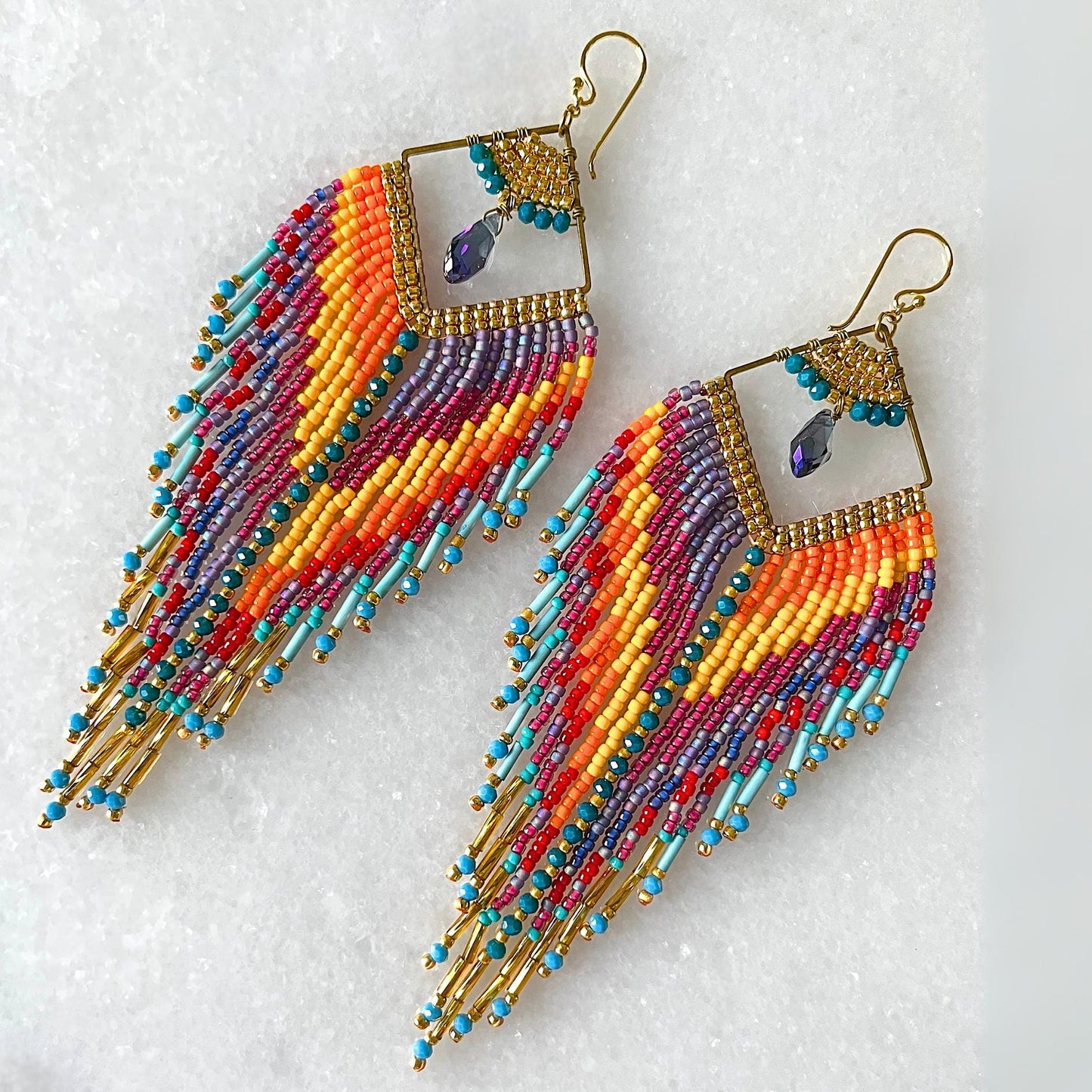 Handwoven Seed Bead Fringe Earrings – Boho Statement Drop Jewelry (13cm)