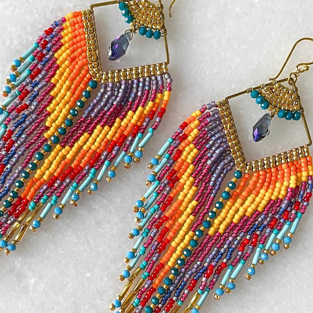 Handwoven Seed Bead Fringe Earrings – Boho Statement Drop Jewelry (13cm)