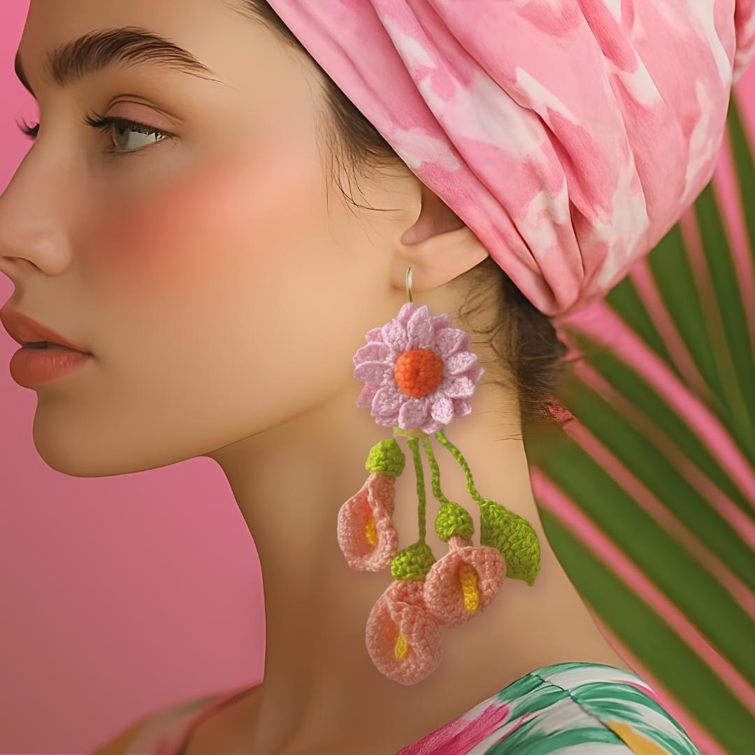 Pastel Crochet Flower Earrings Boho Floral Statement Dangle Summer Gift
