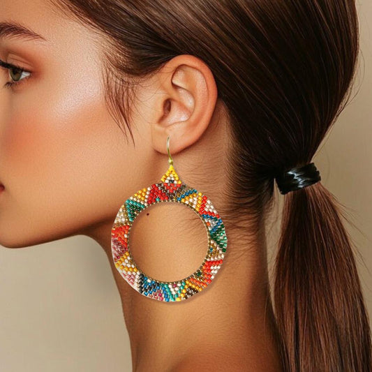 Beaded Hoop Earrings: Aztec Rainbow Miyuki Beads, Gold Accents - Jewelry gifts for her