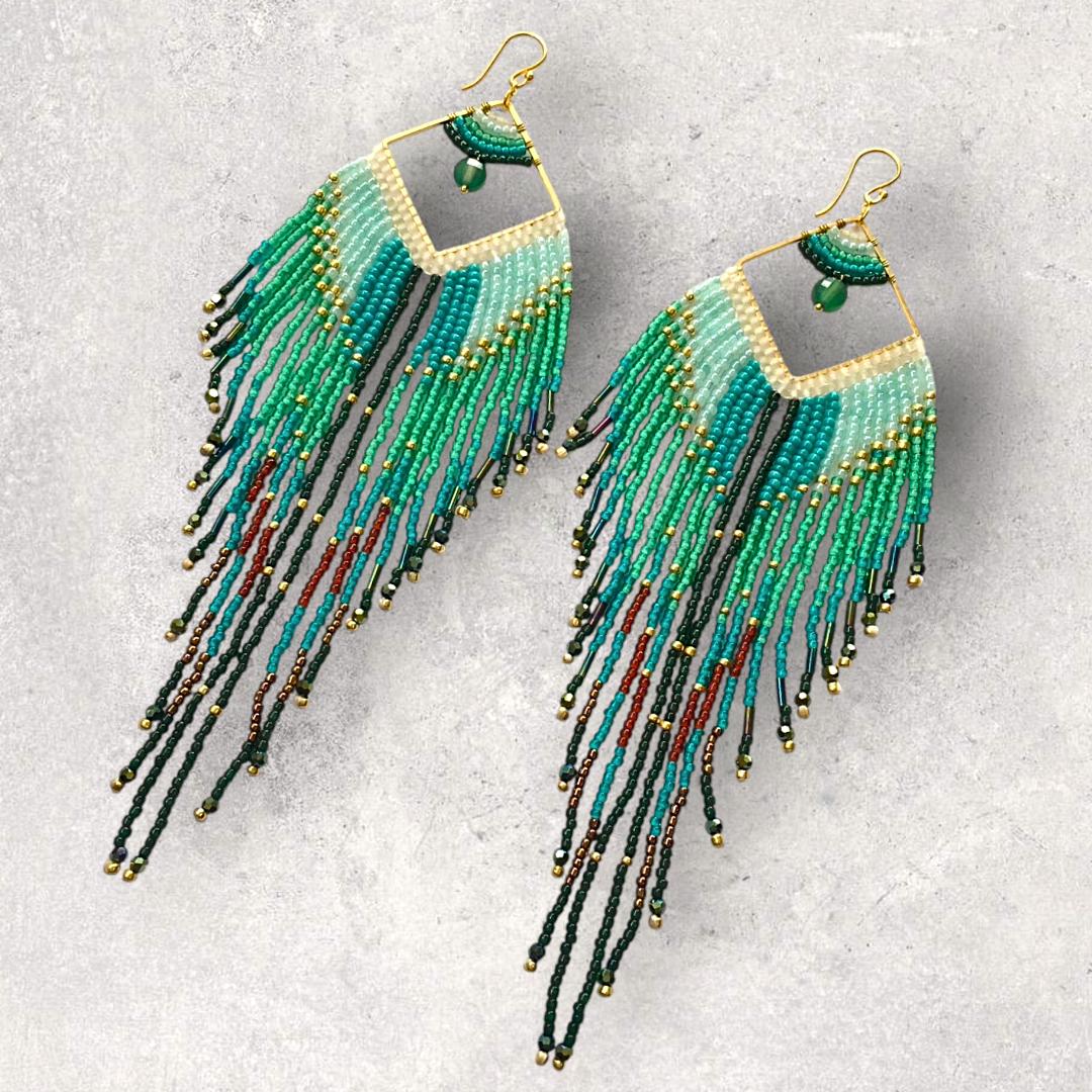 Peacock Feather Earrings Green Fringe Statement Beaded Dangle Gift for Her