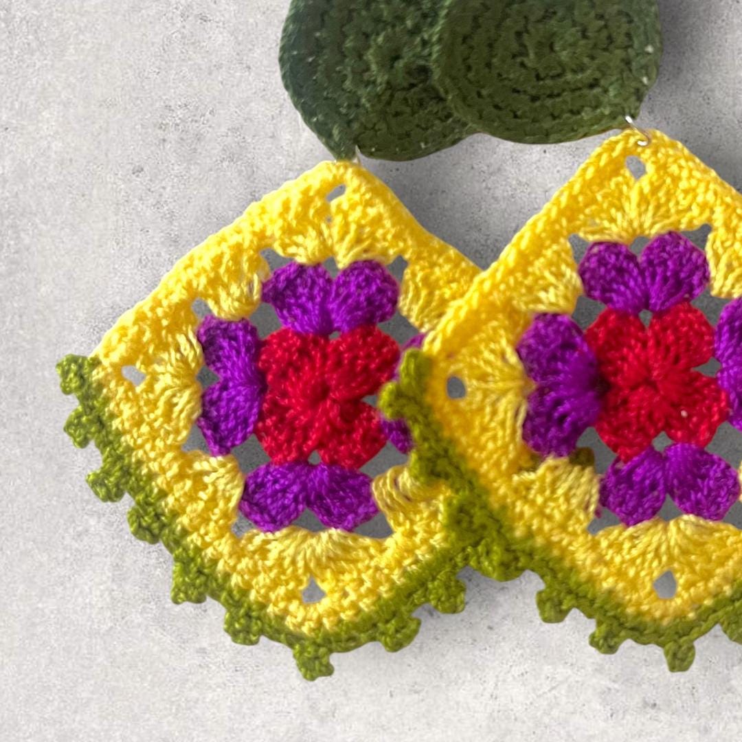 Granny Square Crochet Earrings: Boho Festival Statement Dangles - Jewelry gift for her