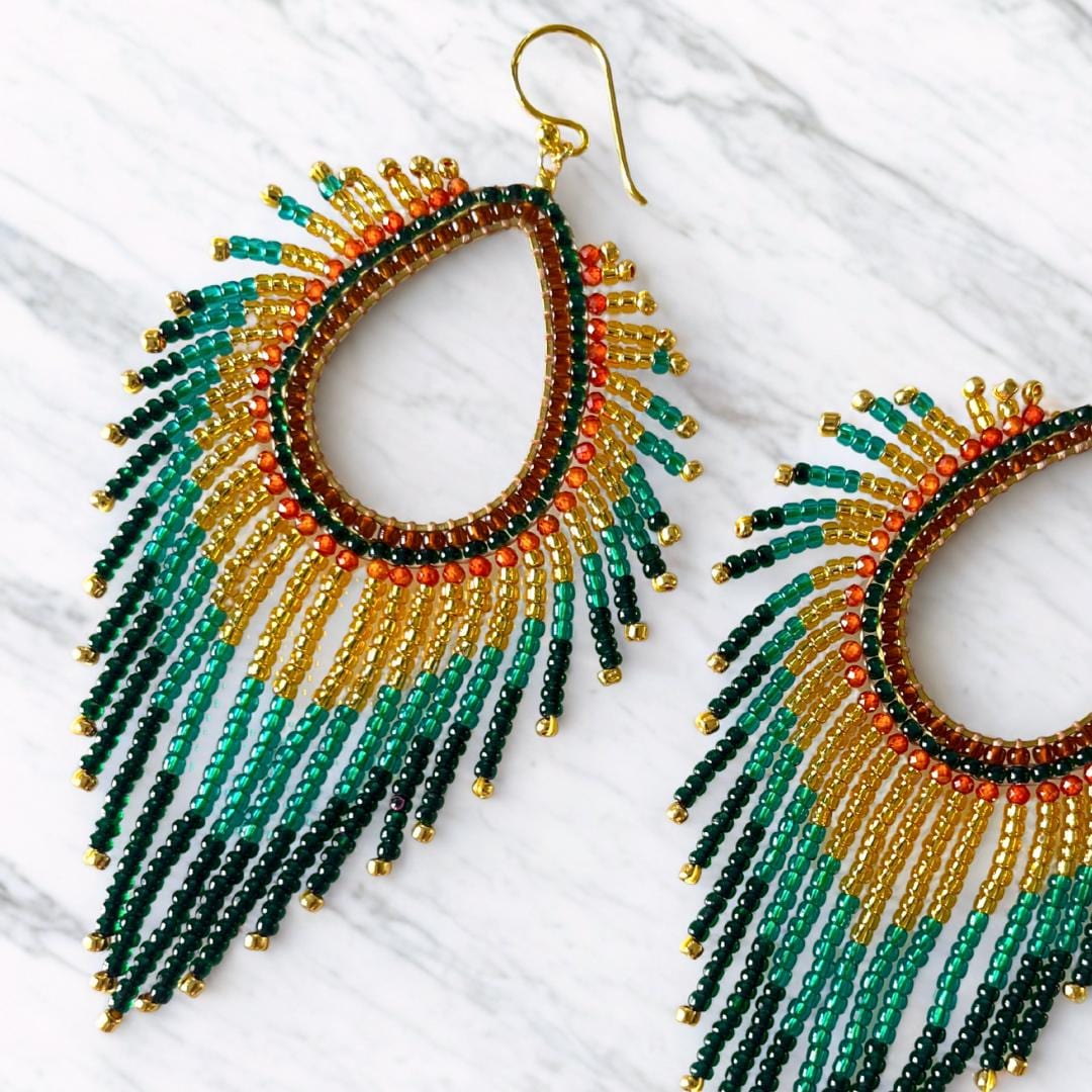 Peacock Fringe Earrings Turquoise Gold Statement Beaded Earrings Boho Festival Jewelry