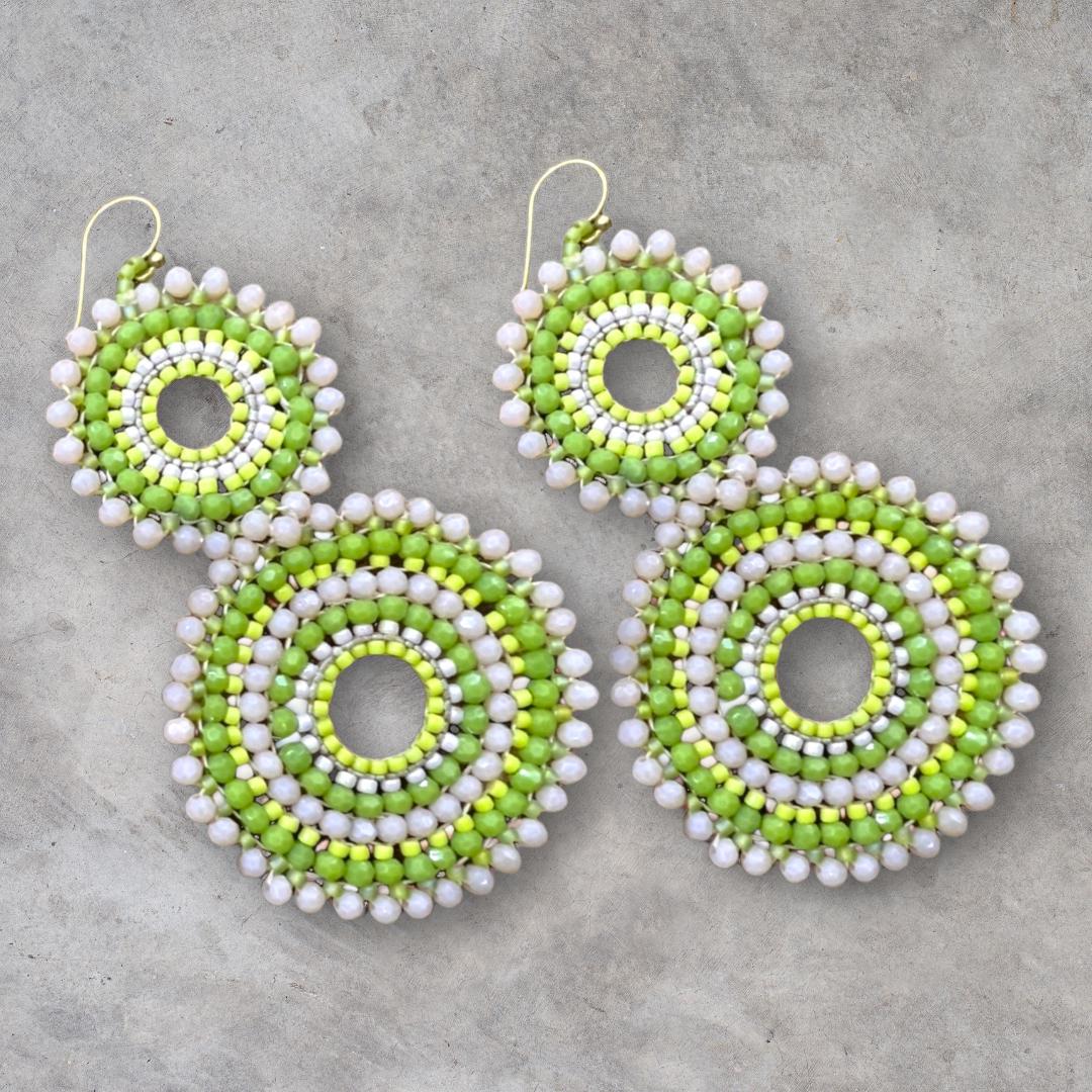 Lime Green Beaded Circle Drop Earrings: Boho Summer Jewelry