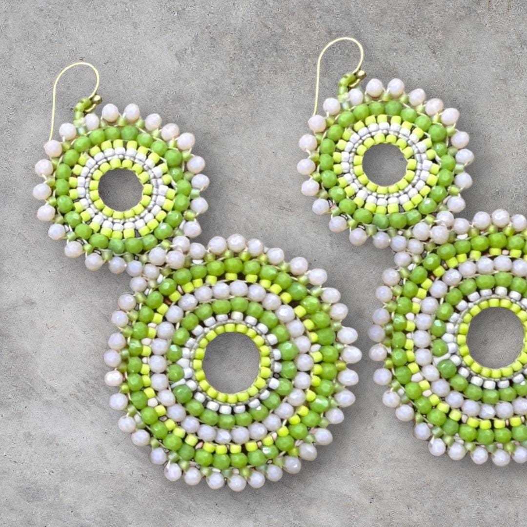 Lime Green Beaded Circle Drop Earrings: Boho Summer Jewelry